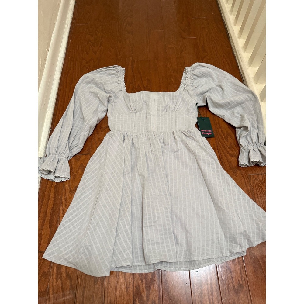 Prairie People Grey‎ Grid Puff Sleeve Square Neck Smocked Back Mini Dress Small